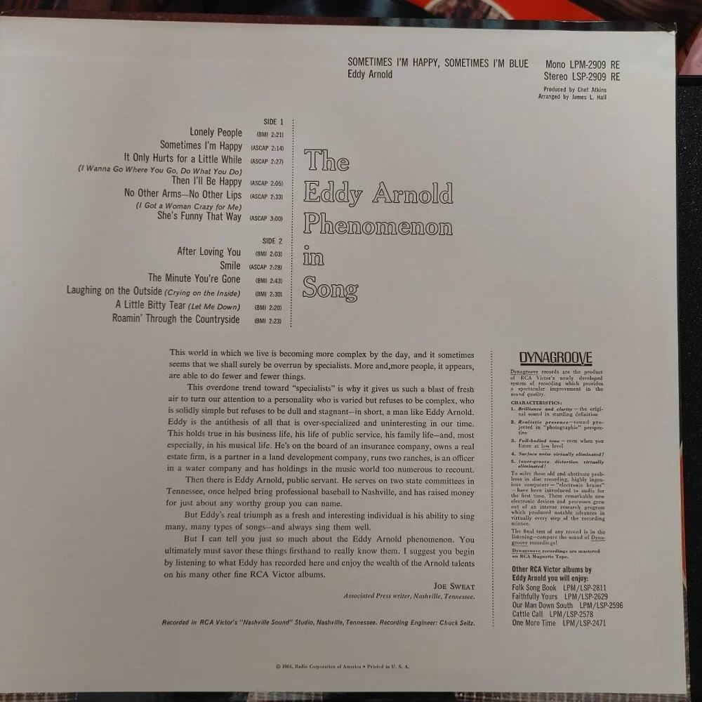 Vintage Vinyl LP Record Eddy Arnold - Sometimes I'm Happy Sometimes I'm Blue '64 - Picture 2 of 4